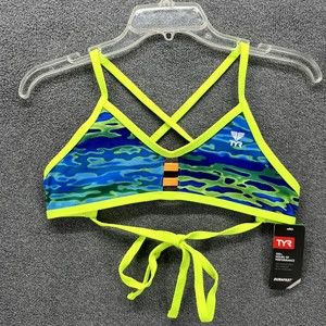 TYR Bikini Top size Medium 8 Blue Lime Serenity Pacific Tie back‎ Swimwear